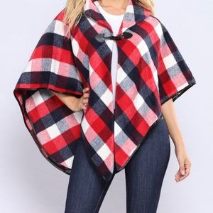 Warm red, navy and white checkered poncho